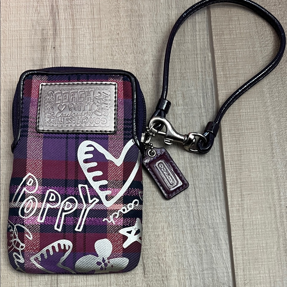 Coach Purple Plaid Poppy Phone Wristlet